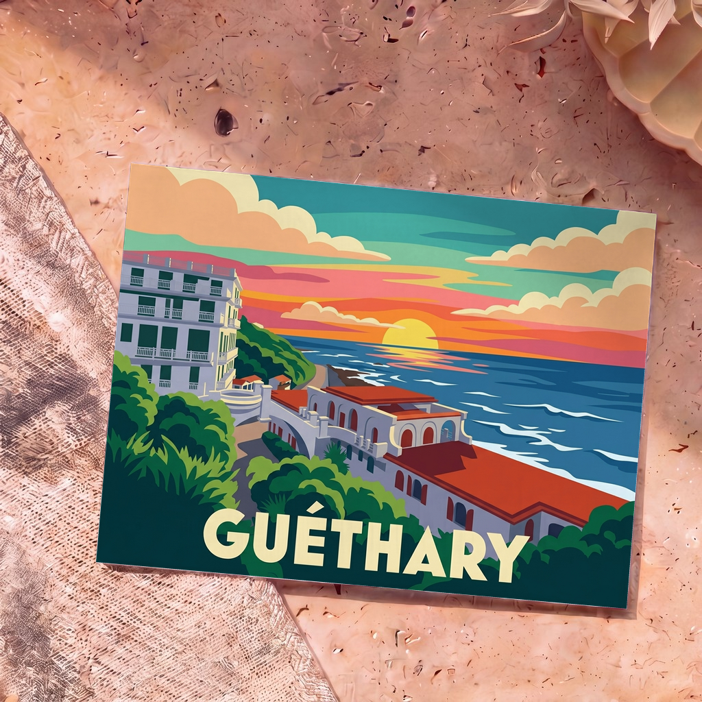 Carte postale souvenir de la ville de Guéthary avec une illustration stylisée du bord de mer au coucher du soleil.