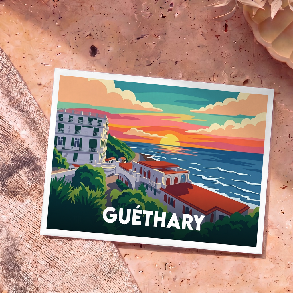 Carte postale souvenir de la ville de Guéthary avec une illustration stylisée du bord de mer au coucher du soleil.