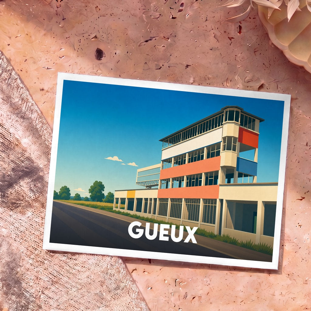 Carte postale souvenir de la ville de Gueux avec une illustration stylisée de ses célèbres tribunes de circuit automobile.