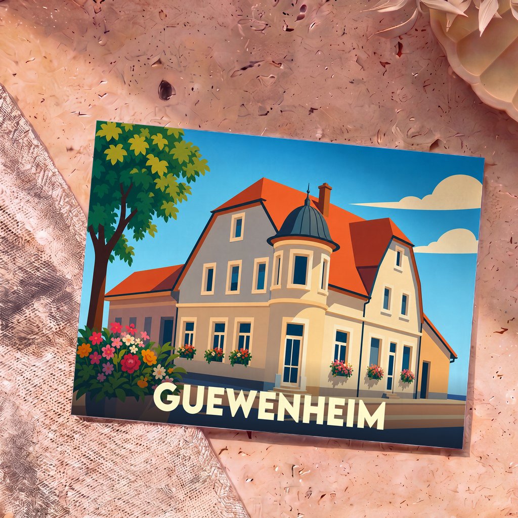 Carte postale souvenir de la ville de Guewenheim avec une illustration stylisée d'une maison traditionnelle alsacienne.