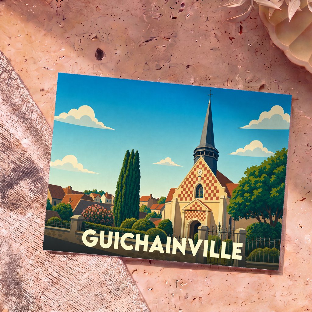 Carte postale souvenir de la ville de Guichainville avec une illustration stylisée de son église.