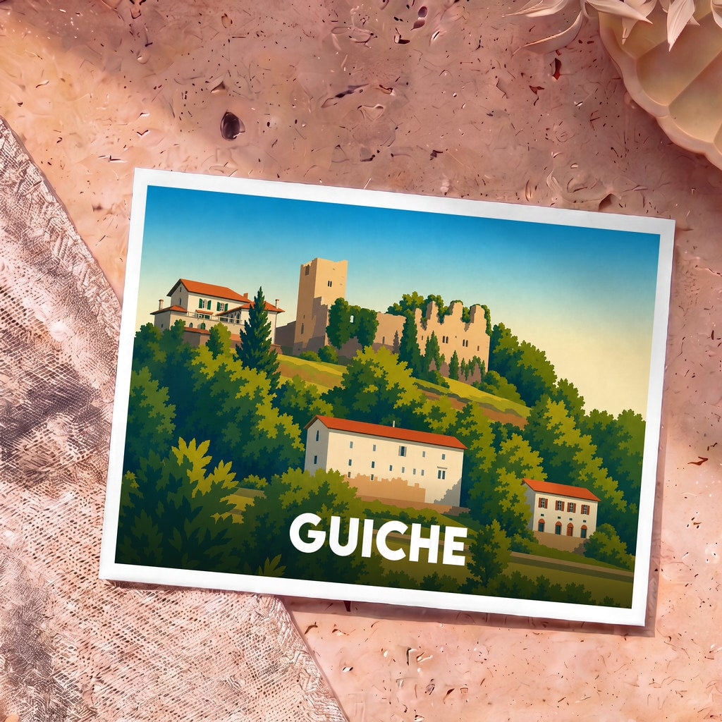 Carte postale souvenir de la ville de Guiche avec une illustration stylisée de son château et de ses maisons.