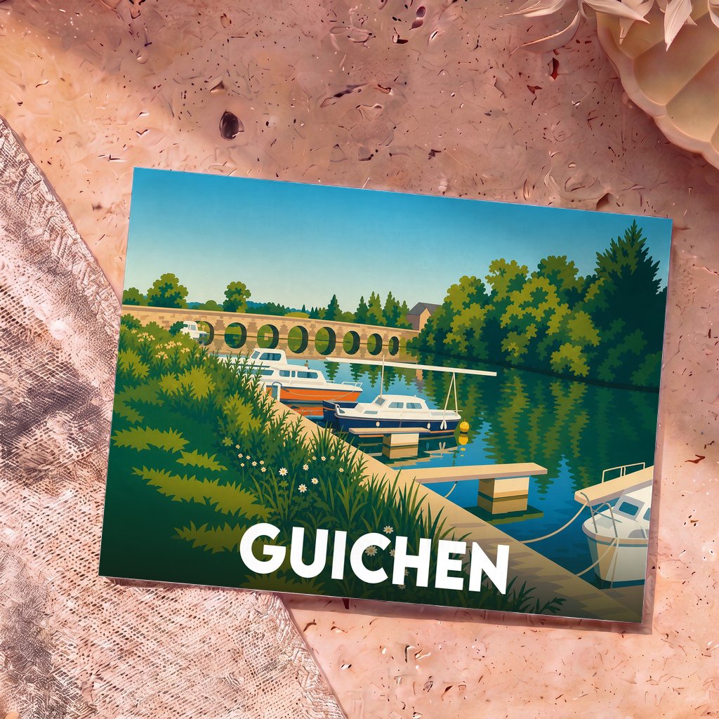 Carte postale souvenir de la ville de Guichen illustrant son port de plaisance et son pont de pierre dans un style graphique épuré.