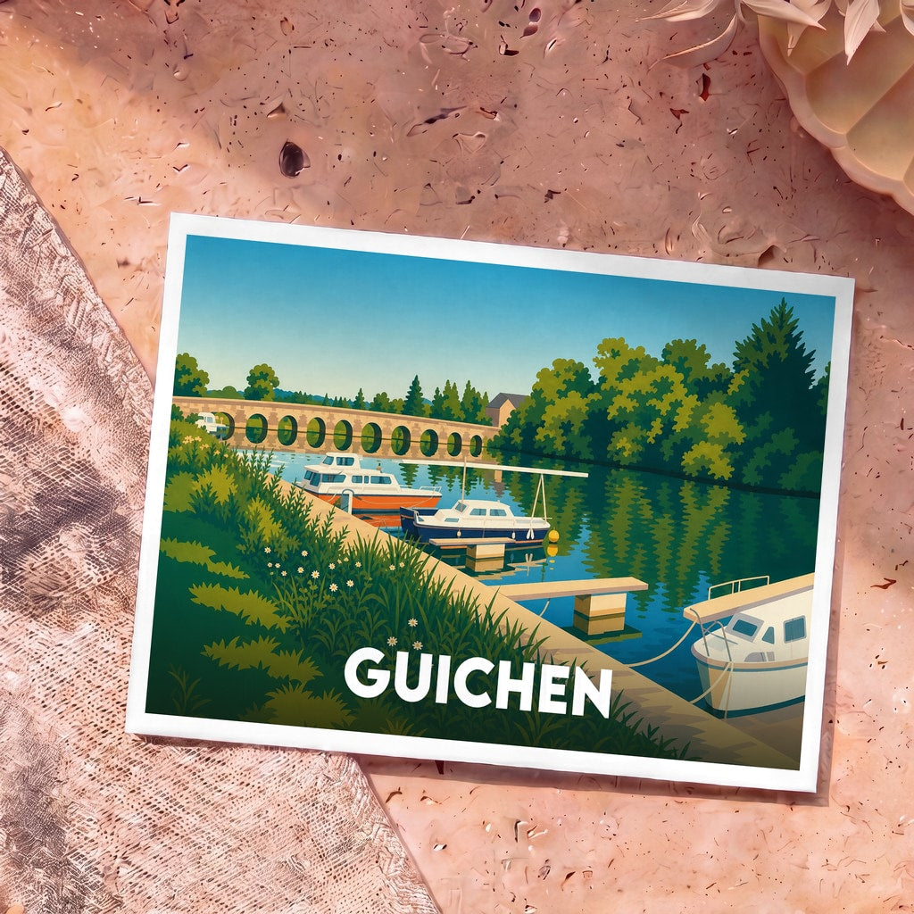 Carte postale souvenir de la ville de Guichen illustrant son port de plaisance et son pont de pierre dans un style graphique épuré.