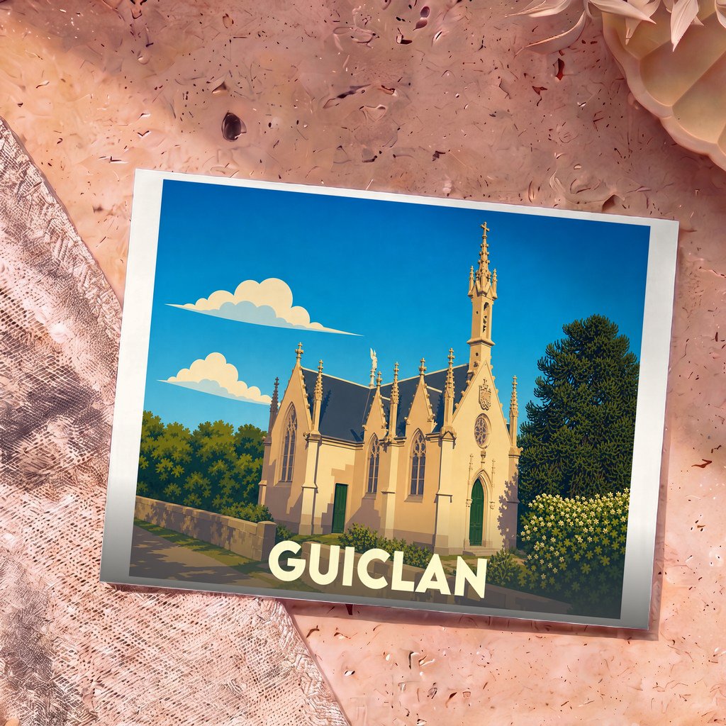 Carte postale souvenir de la ville de Guiclan représentant son église dans un style graphique épuré.