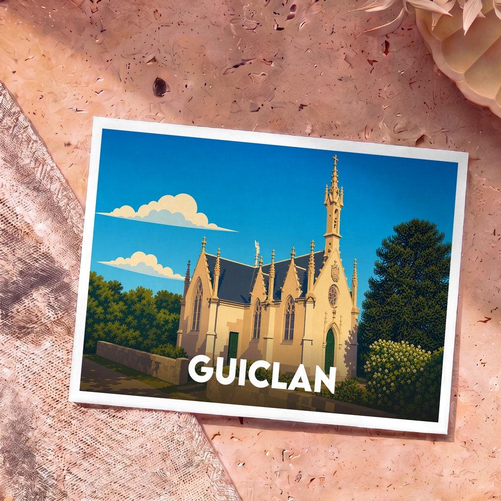 Carte postale souvenir de la ville de Guiclan avec une illustration stylisée d'une chapelle gothique.