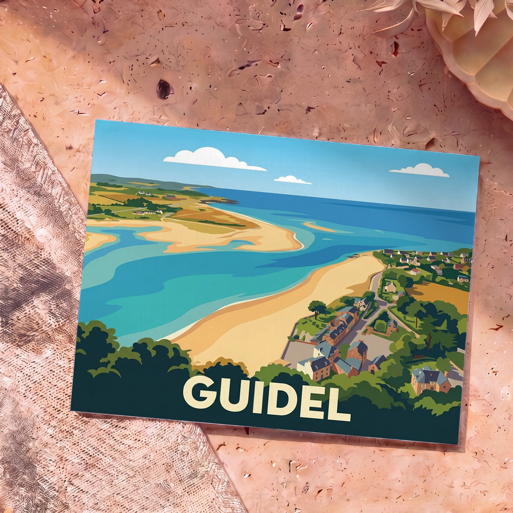 Carte postale souvenir de la ville de Guidel illustrant de manière stylisée son littoral et l'embouchure de la Laïta.