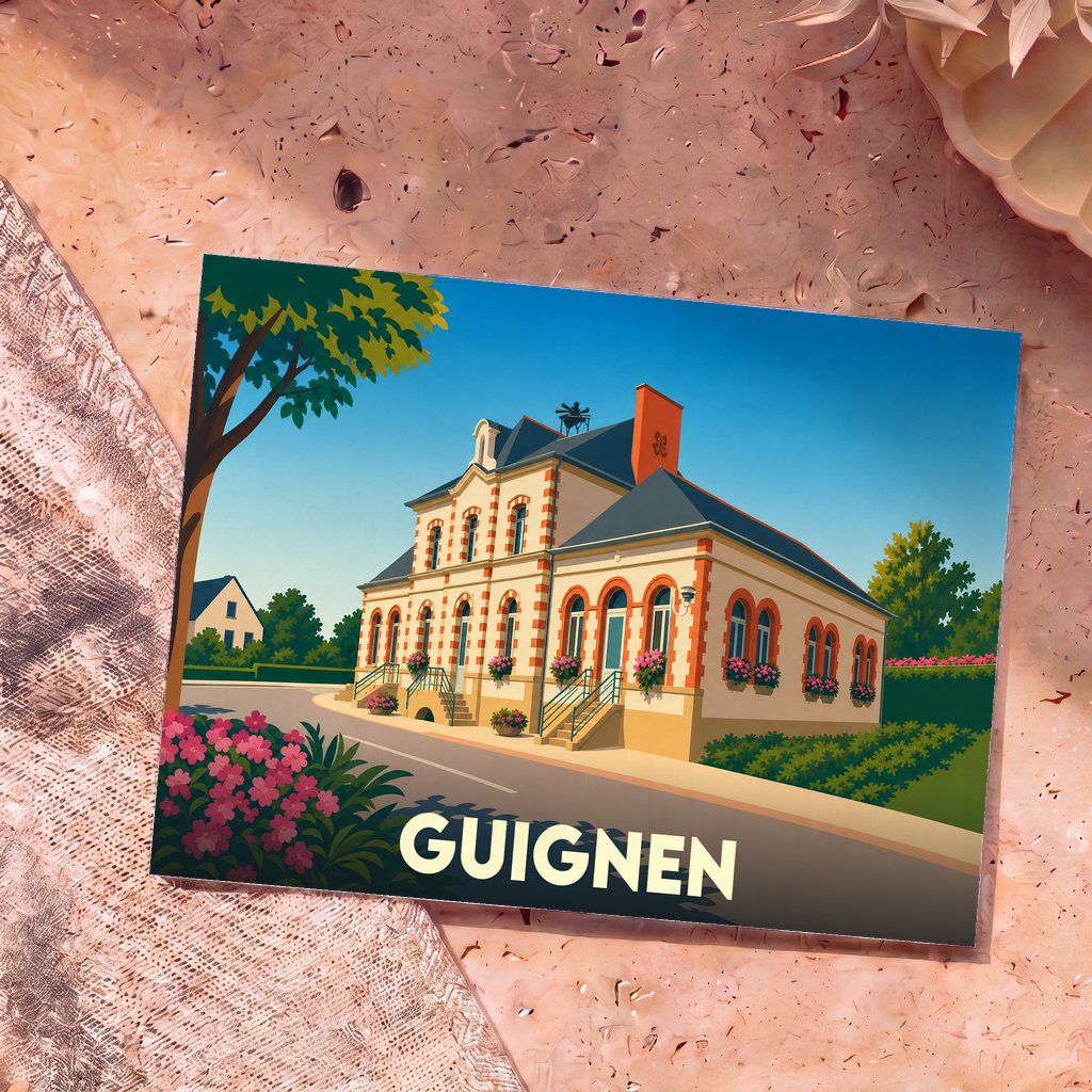 Carte postale souvenir de la ville de Guignen avec une illustration stylisée de sa mairie fleurie.