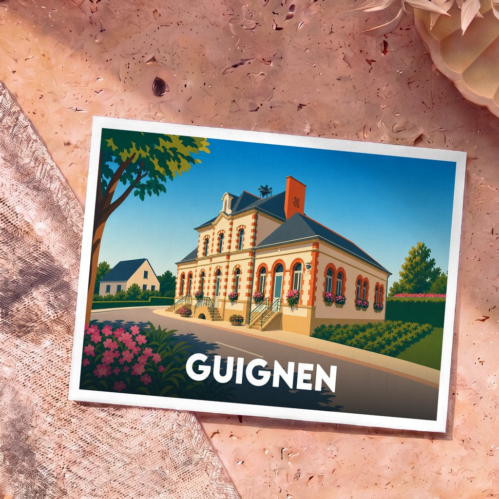 Carte postale souvenir de la ville de Guignen avec une illustration stylisée de sa mairie fleurie.