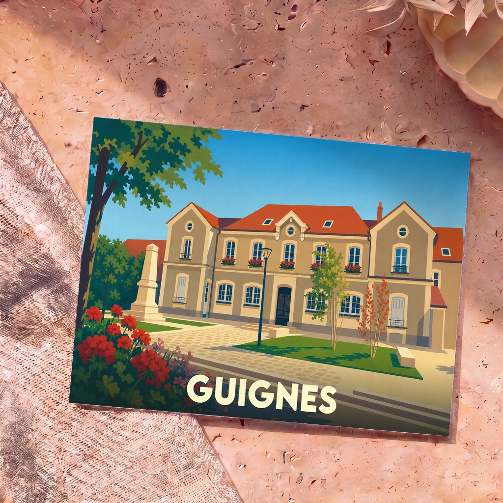 Carte postale souvenir de la ville de Guignes avec une illustration stylisée de sa mairie.