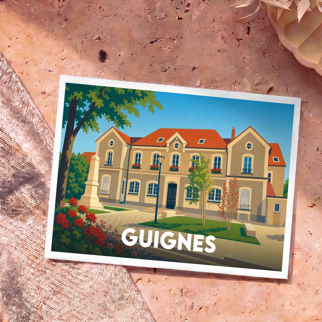 Carte postale souvenir de la ville de Guignes avec une illustration stylisée de sa mairie.