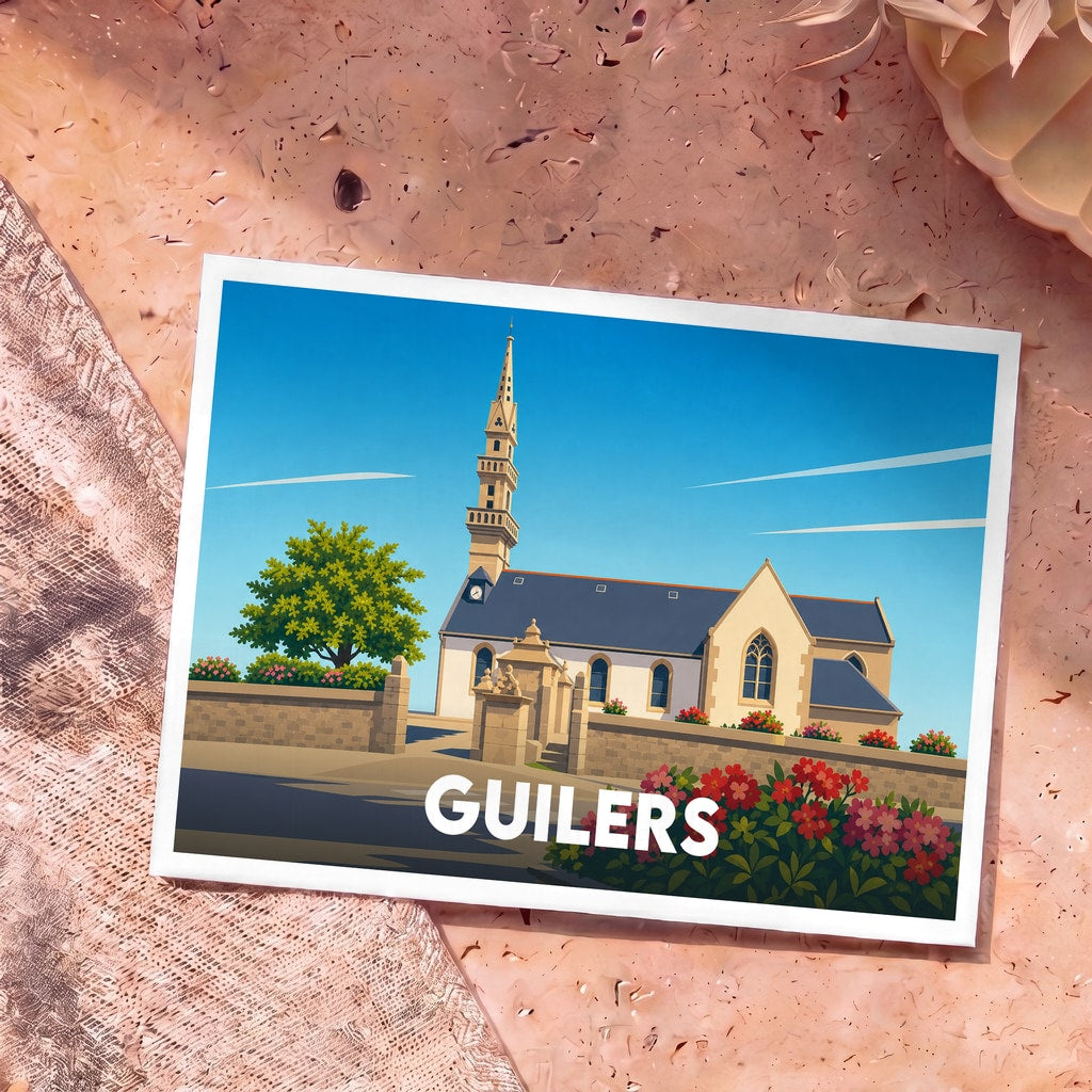 Carte postale souvenir de la ville de Guilers avec une illustration stylisée de son église sous un ciel bleu.