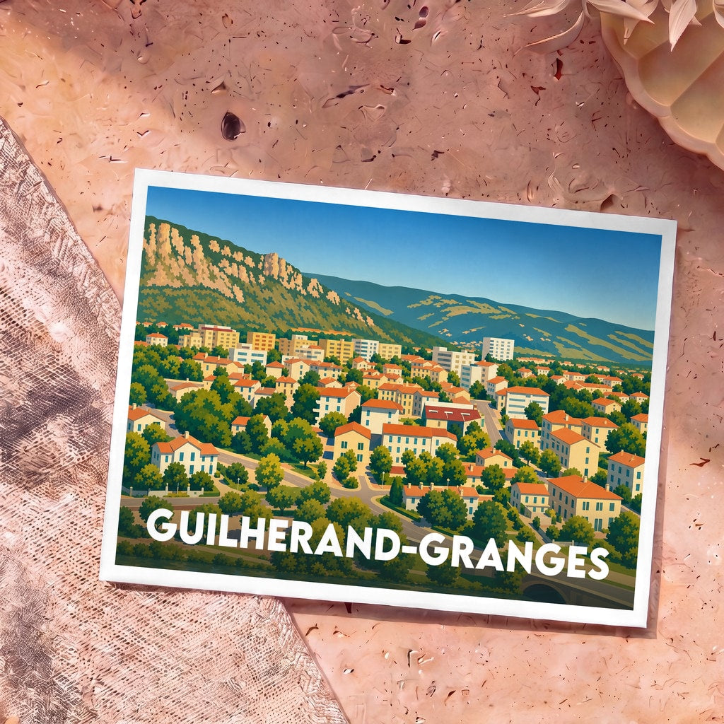 Carte postale souvenir de la ville de Guilherand-Granges avec une illustration stylisée et colorée du paysage urbain au pied des montagnes.