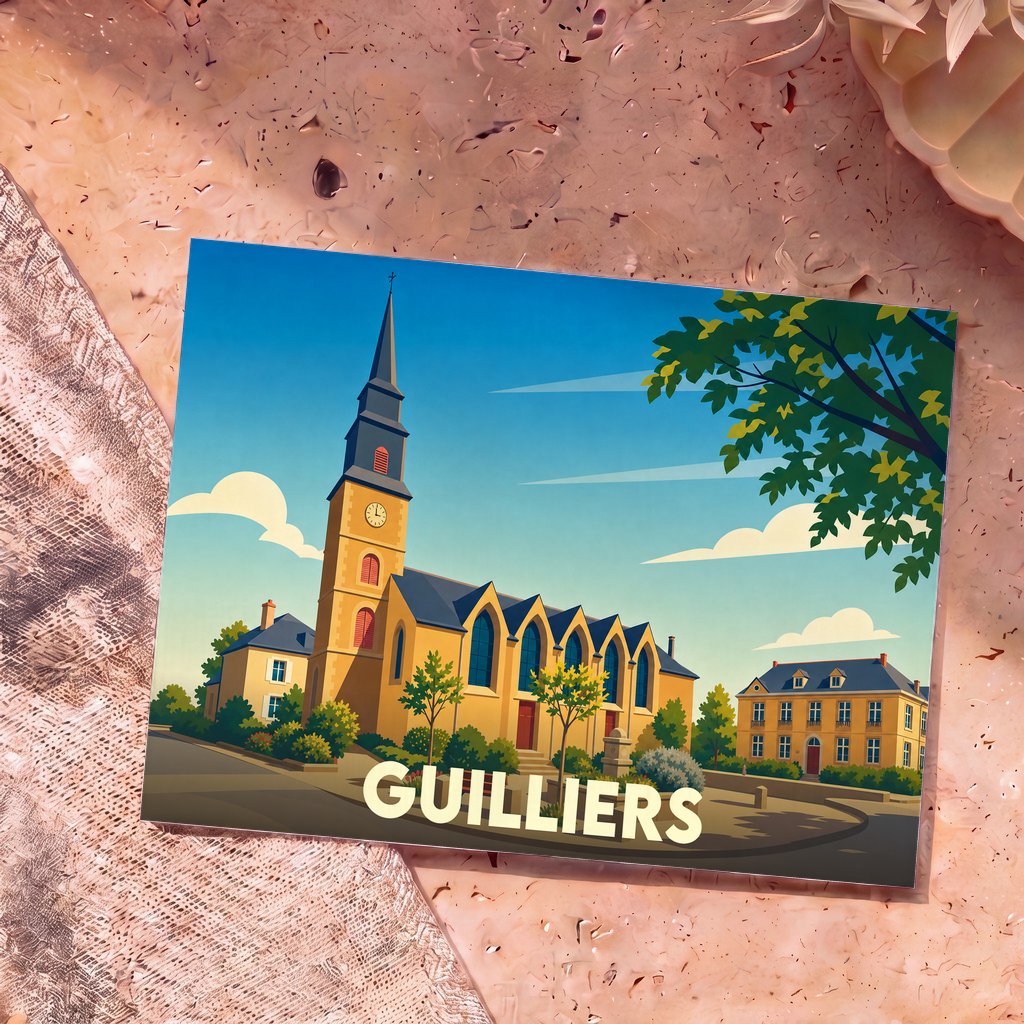 Carte postale souvenir de la ville de Guilliers avec une illustration stylisée de son église.