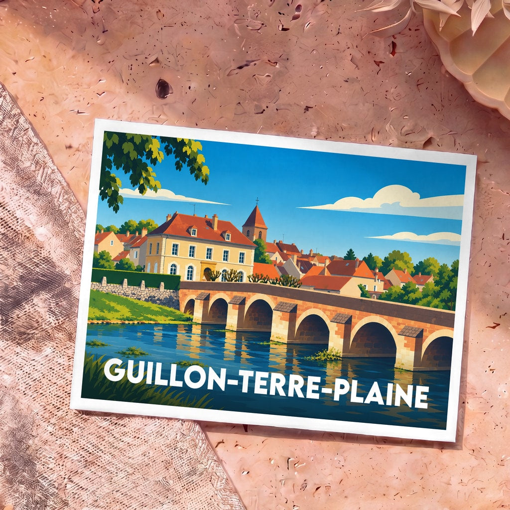 Carte postale souvenir de la ville de Guillon-Terre-Plaine illustrant un pont de pierre et ses reflets sur l'eau.