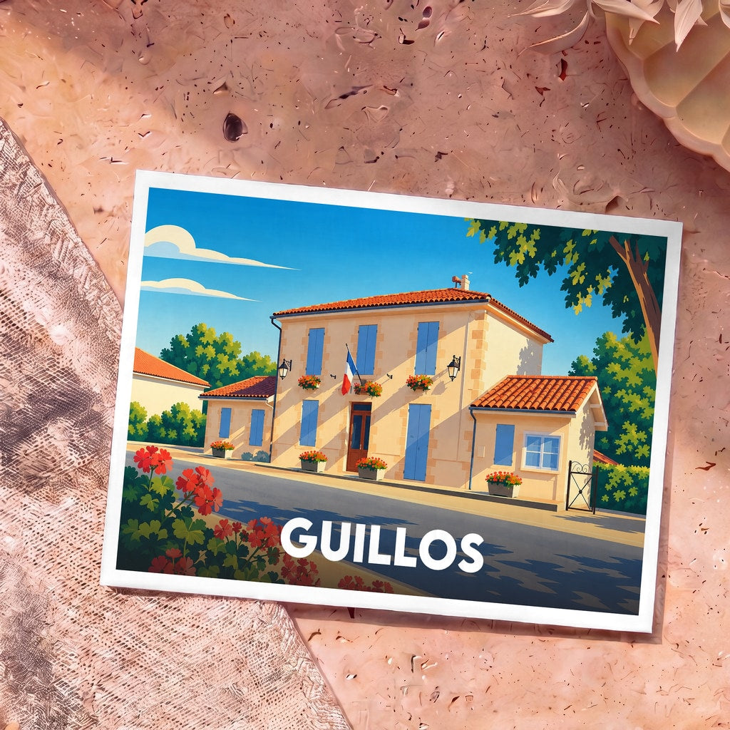 Carte postale souvenir de la ville de Guillos avec une illustration stylisée d'une mairie française typique.