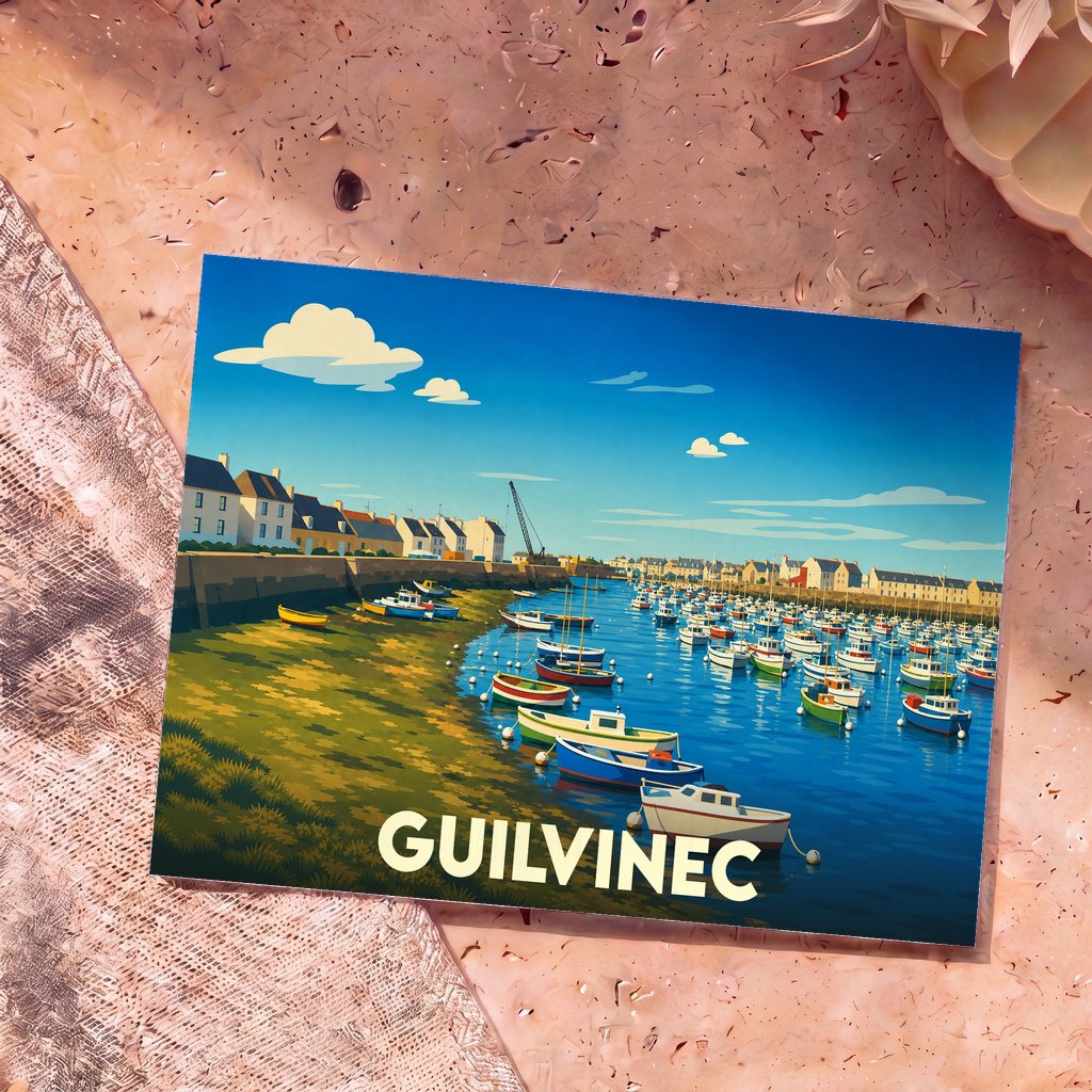Carte postale souvenir du port du Guilvinec avec une illustration stylisée et colorée.