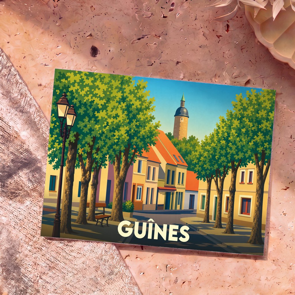 Carte postale souvenir de la ville de Guînes avec une illustration stylisée d'une rue arborée.