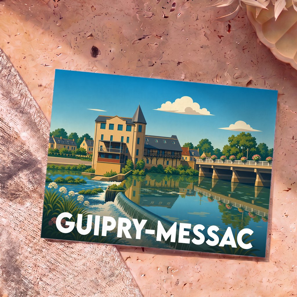 Carte postale souvenir de la ville de Guipry-Messac avec une illustration stylisée des bords de la Vilaine.