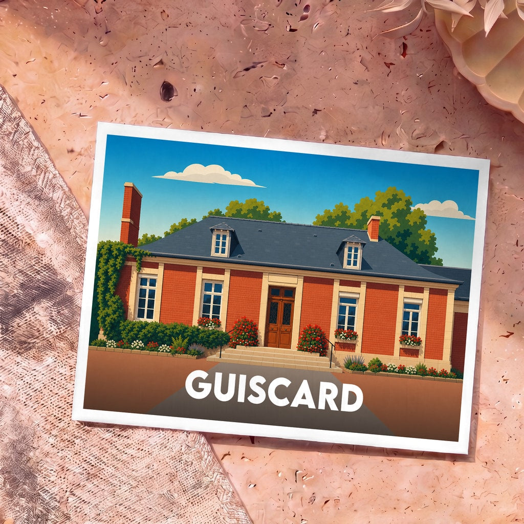 Carte postale souvenir de la ville de Guiscard illustrant une élégante maison bourgeoise en briques rouges.