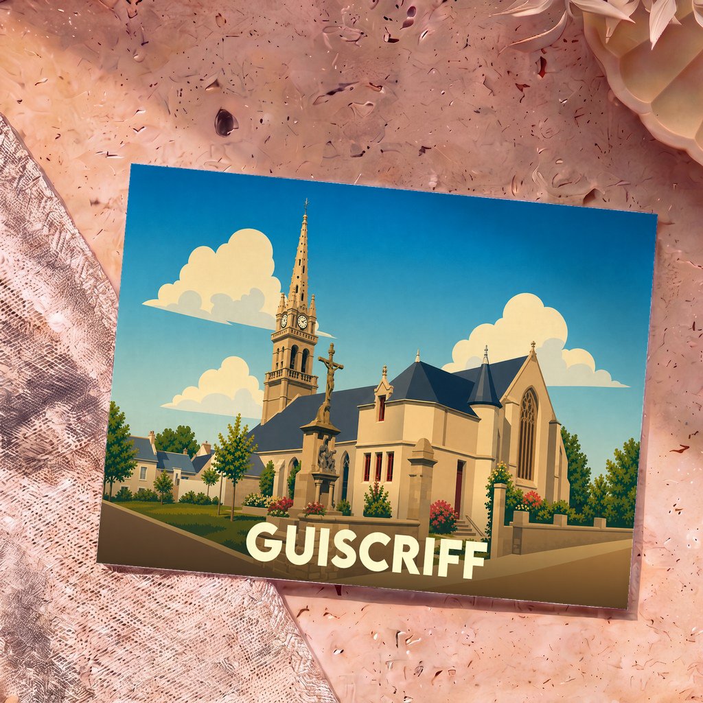 Carte postale souvenir de la ville de Guiscriff illustrant son église avec un style graphique épuré.