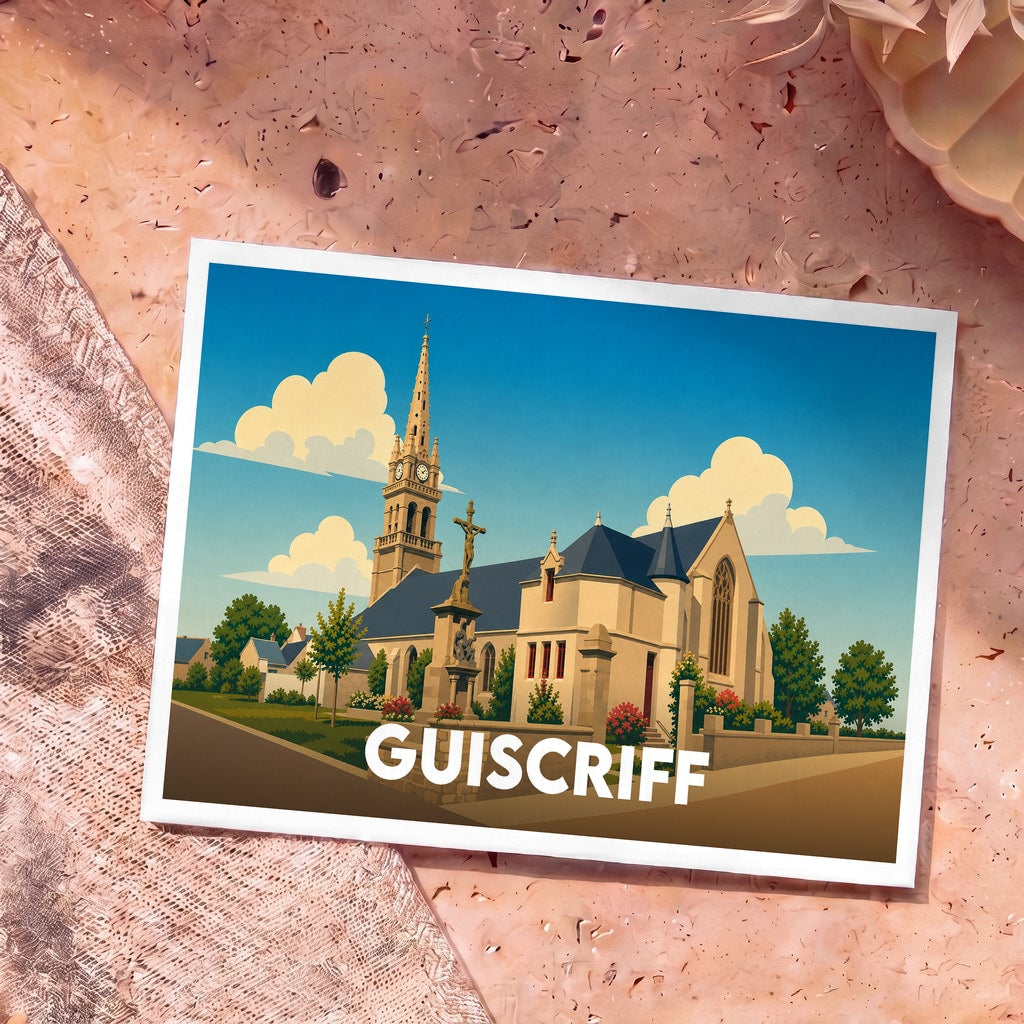Carte postale souvenir de la ville de Guiscriff illustrant son église avec un style graphique épuré.