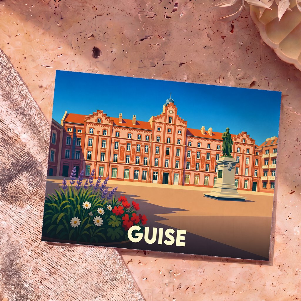 Carte postale souvenir de la ville de Guise illustrant le Familistère avec un style graphique épuré.