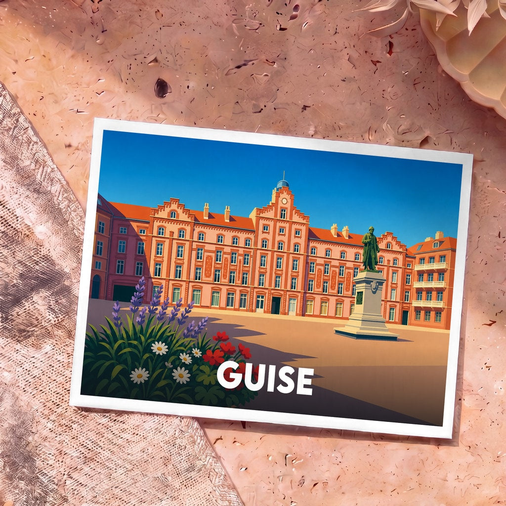 Carte postale souvenir de la ville de Guise illustrant le Familistère avec un style graphique épuré.