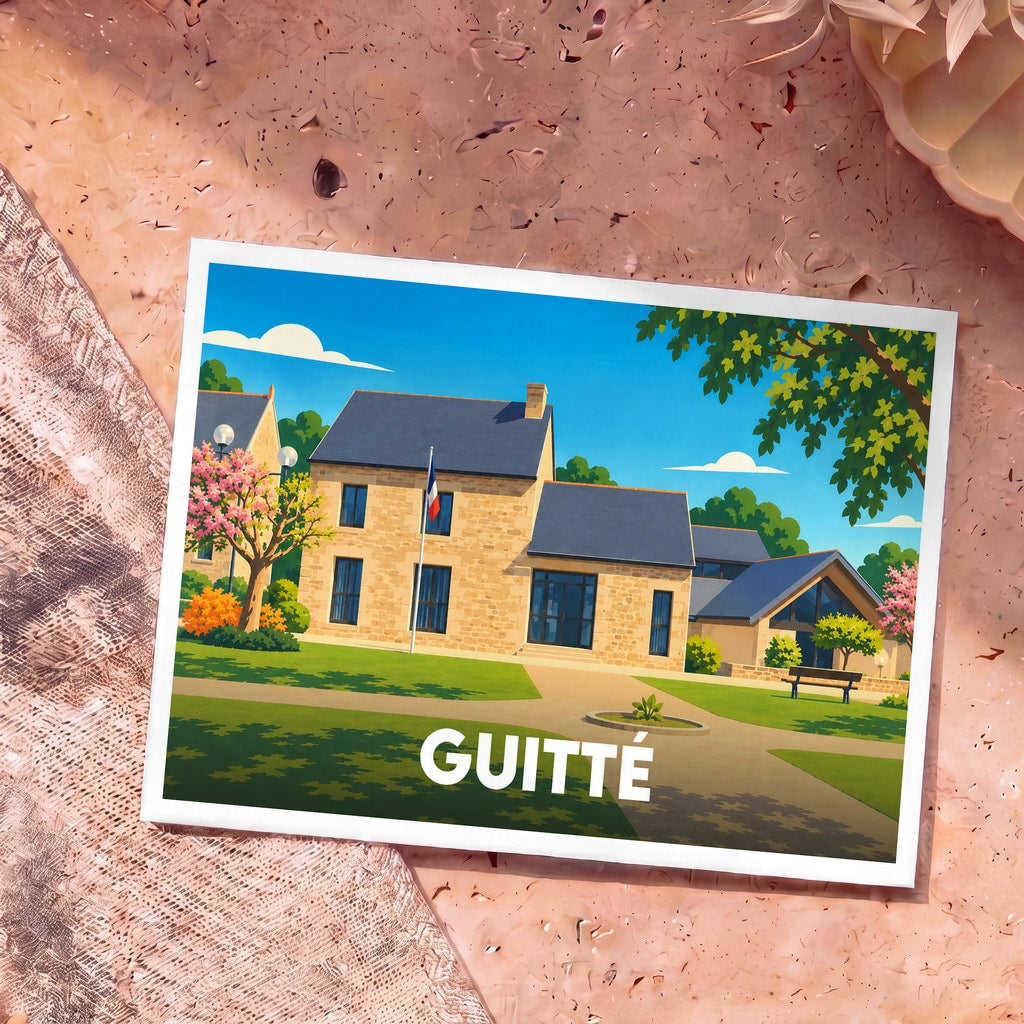 Carte postale souvenir de la ville de Guitté avec une illustration stylisée d'une maison traditionnelle en pierre sous un ciel bleu.