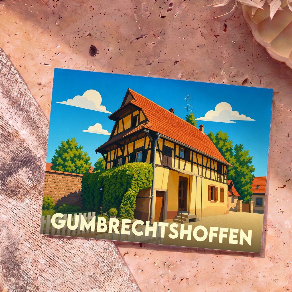 Carte postale souvenir de la ville de Gumbrechtshoffen illustrant une maison à colombages traditionnelle.