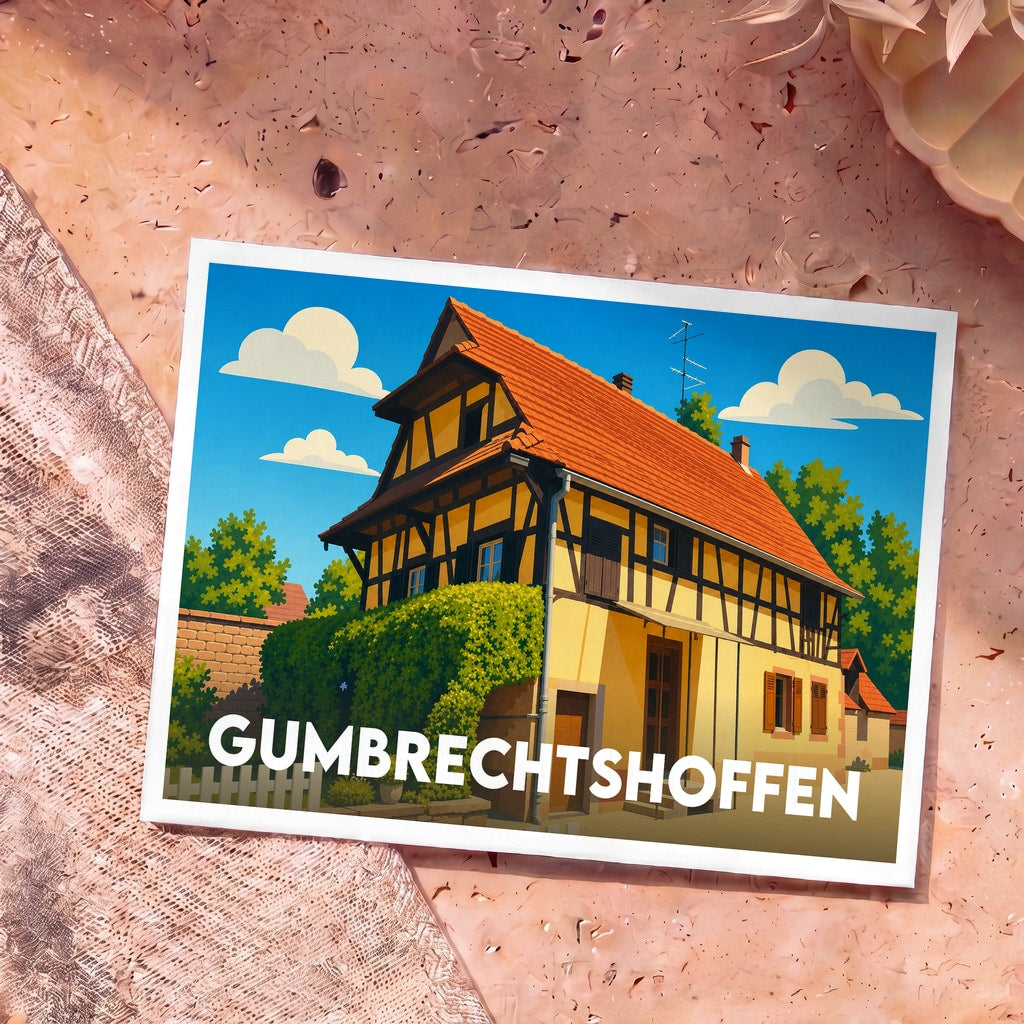 Carte postale souvenir de la ville de Gumbrechtshoffen illustrant une maison à colombages traditionnelle.