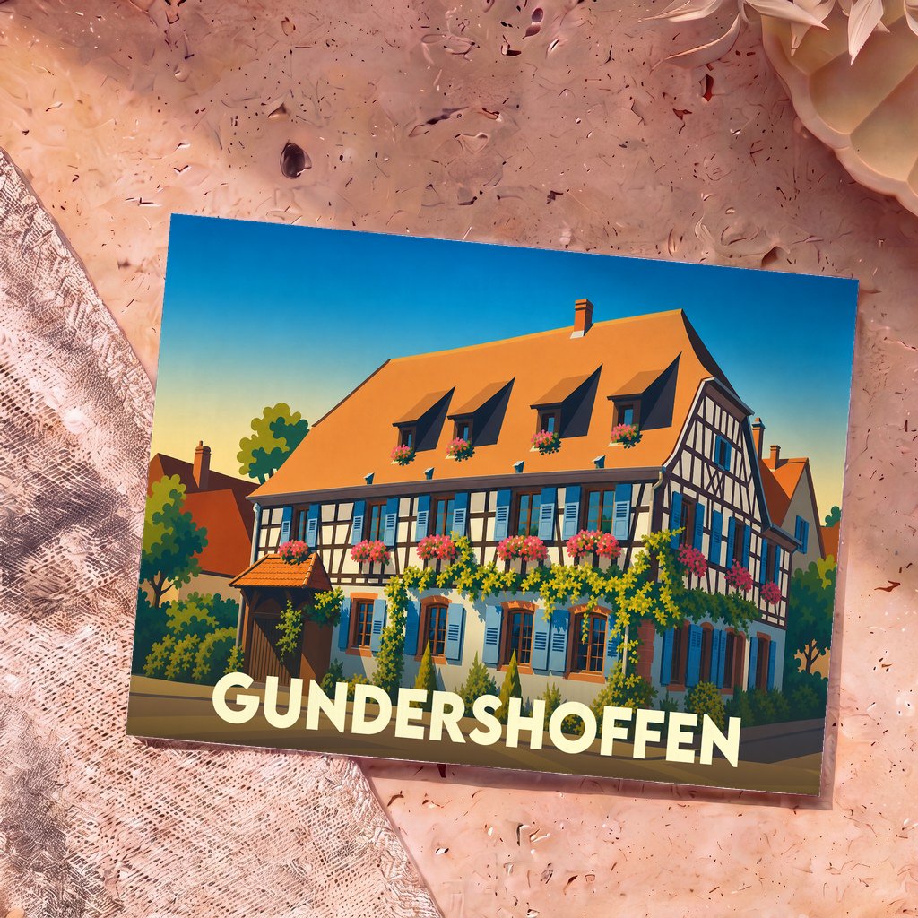 Carte postale souvenir de la ville de Gundershoffen avec une illustration stylisée d'une maison à colombages fleurie.