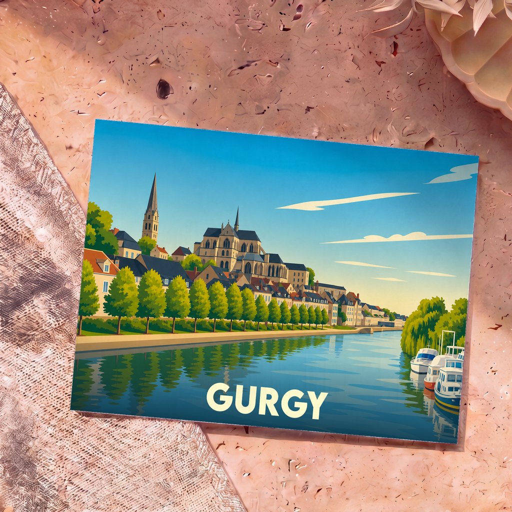 Carte postale souvenir de la ville de Gurgy avec une illustration stylisée des bords de l'Yonne.
