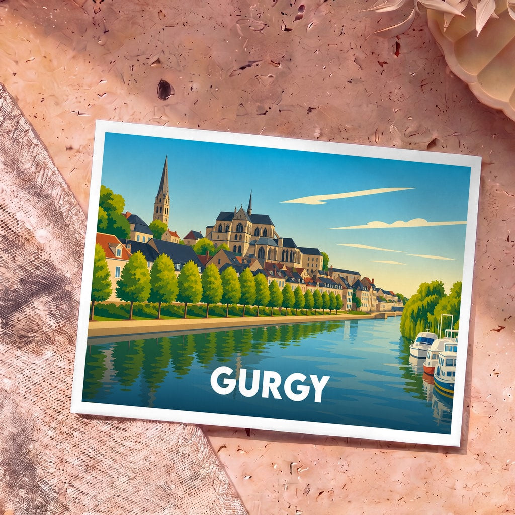 Carte postale souvenir de la ville de Gurgy avec une illustration stylisée des bords de l'Yonne.