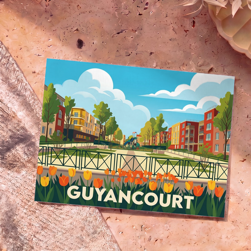 Carte postale souvenir de la ville de Guyancourt illustrant un quartier résidentiel coloré avec un parc fleuri.