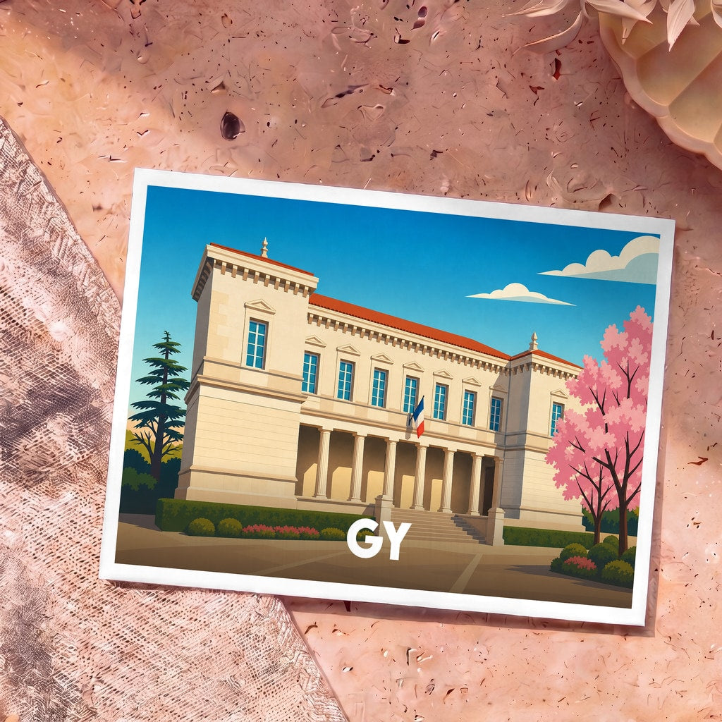 Carte postale souvenir de la ville de Gy avec une illustration stylisée de son château.