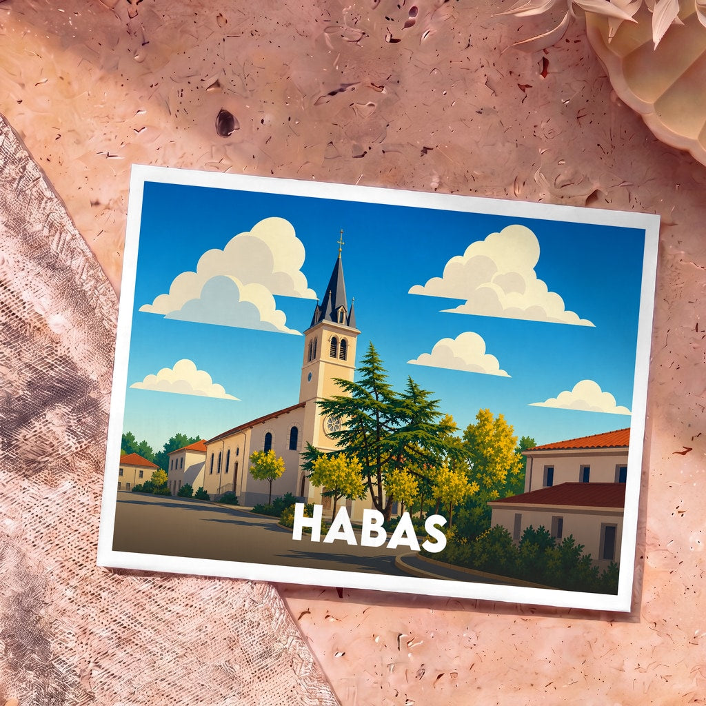 Carte postale souvenir de la ville de Habas avec une illustration stylisée de son église sous un ciel nuageux.