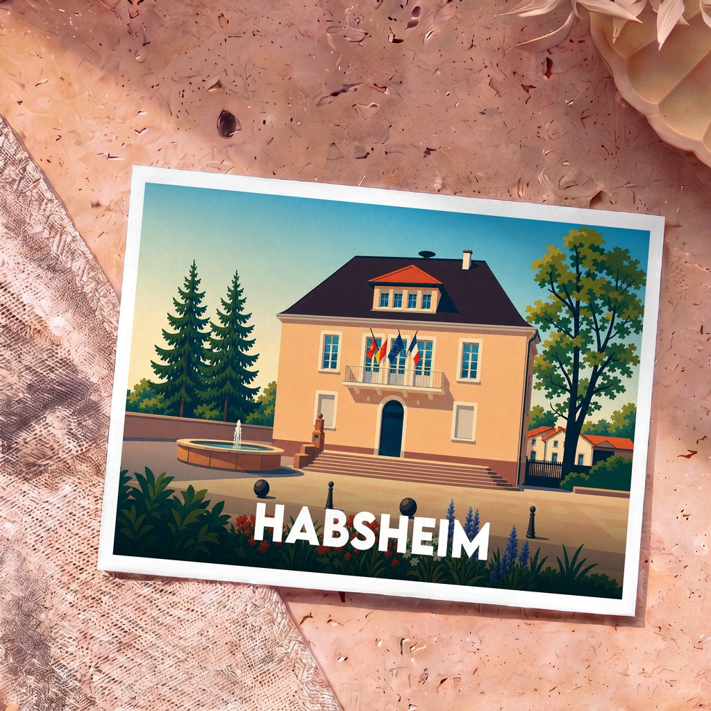 Carte postale souvenir de la ville de Habsheim représentant l'hôtel de ville avec une illustration stylisée.