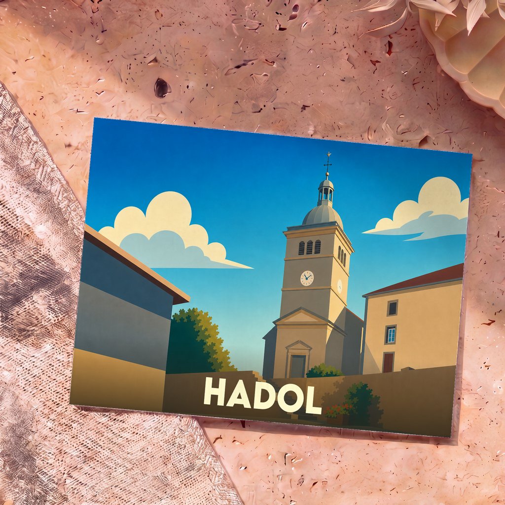 Carte postale souvenir de la ville de Hadol avec une illustration stylisée de son église sous un ciel bleu.