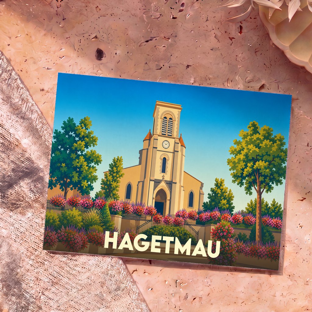 Carte postale souvenir de la ville de Hagetmau avec une illustration stylisée de son église fleurie.