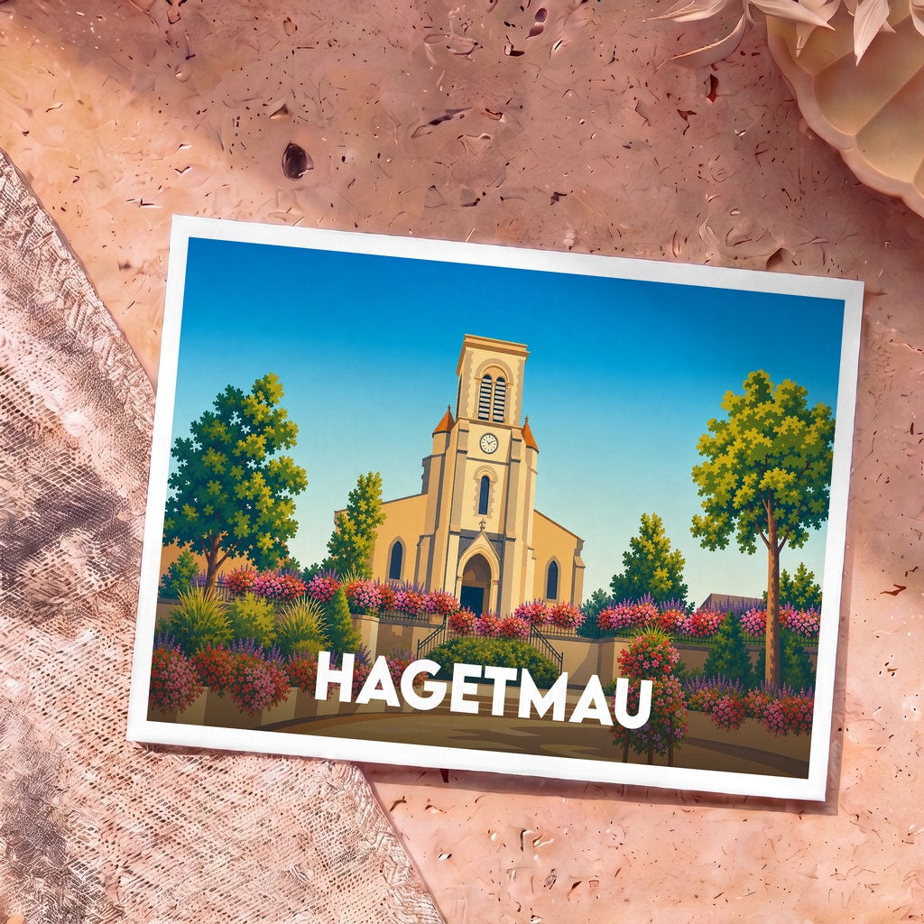 Carte postale souvenir de la ville de Hagetmau avec une illustration stylisée de son église fleurie.