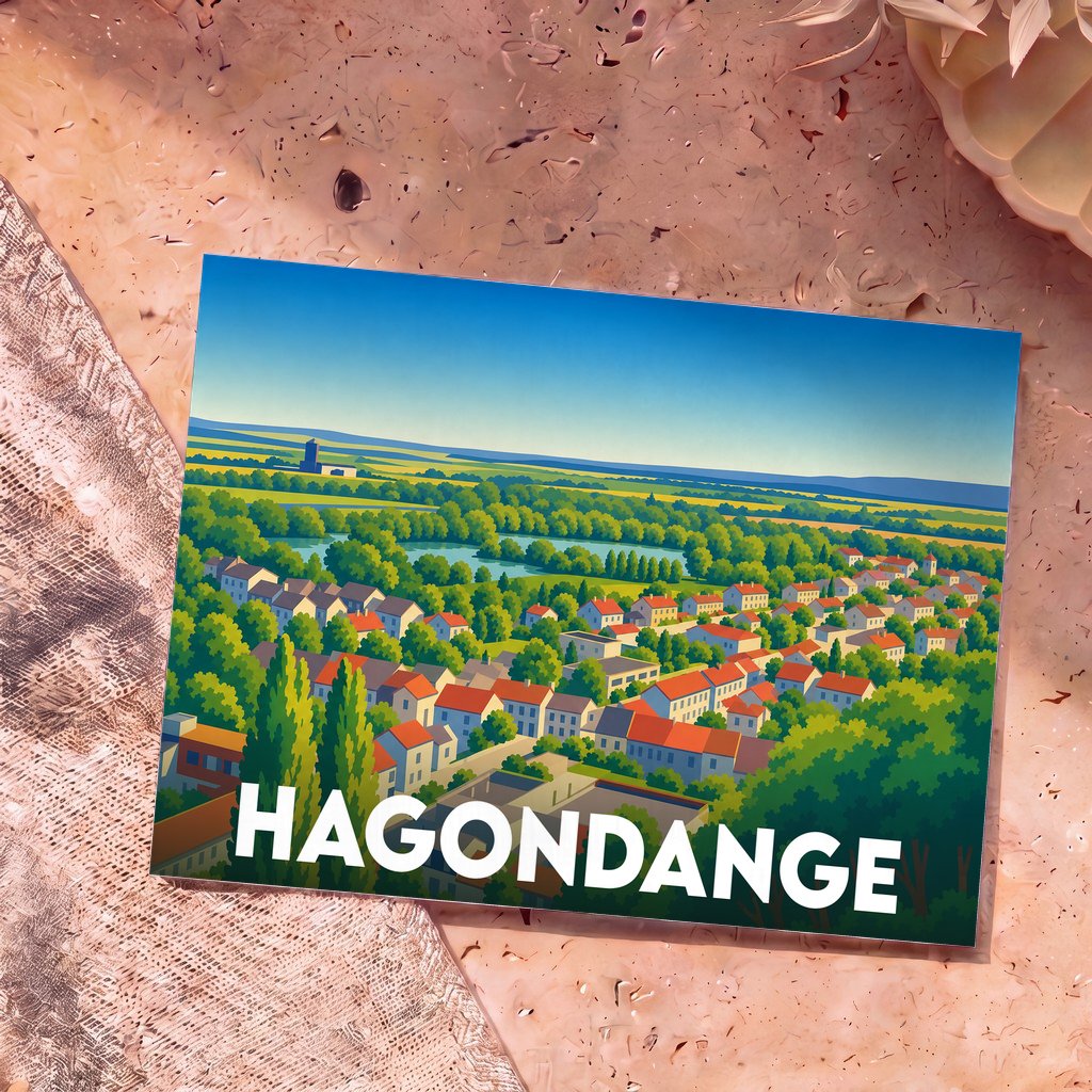 Carte postale souvenir de la ville de Hagondange avec une illustration stylisée et colorée de ses paysages.