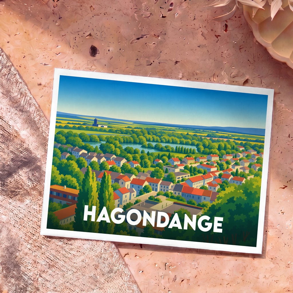 Carte postale souvenir de la ville de Hagondange avec une illustration stylisée et colorée de ses paysages.