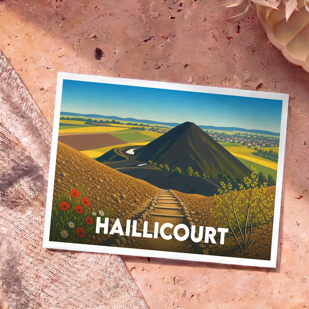 Carte postale souvenir de la ville de Haillicourt avec une illustration stylisée de ses terrils et paysages environnants.