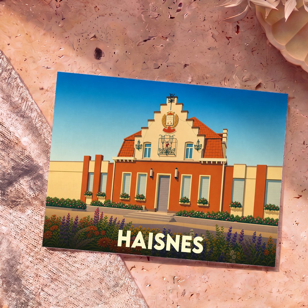 Carte postale souvenir de la ville de Haisnes illustrant son hôtel de ville dans un style graphique et coloré.