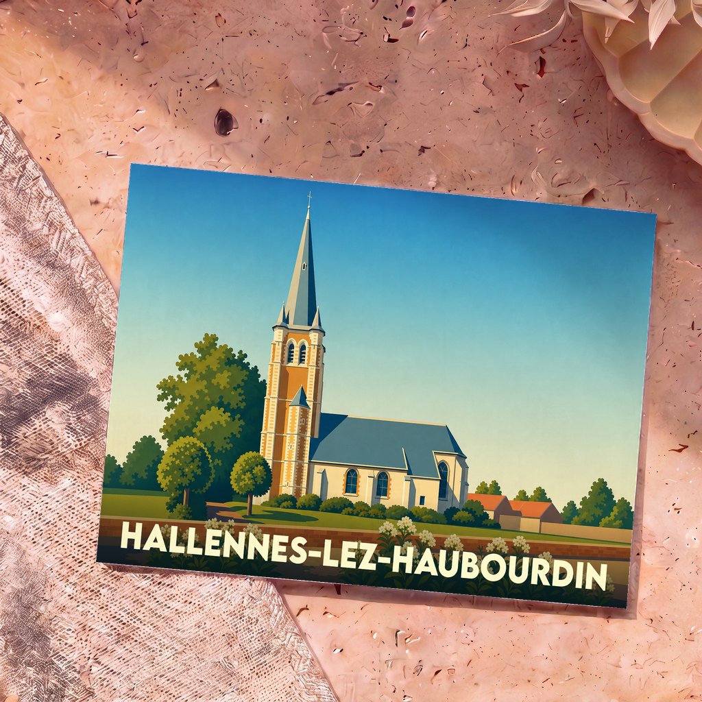 Carte postale souvenir de Hallennes-lez-Haubourdin représentant son église dans un style graphique épuré.