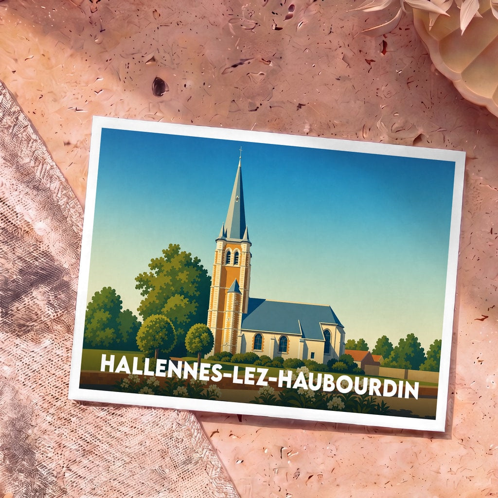 Carte postale souvenir de Hallennes-lez-Haubourdin représentant son église dans un style graphique épuré.