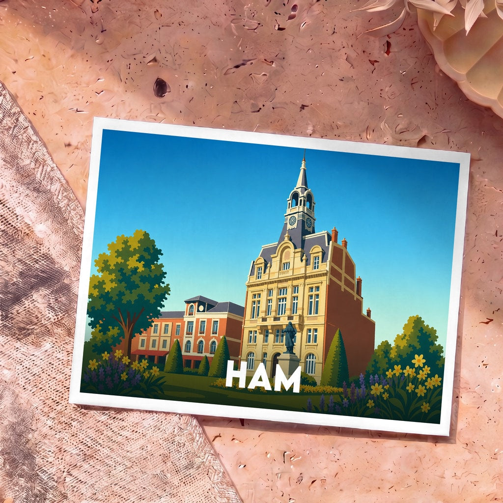 Carte postale souvenir de la ville de Ham avec une illustration stylisée de son hôtel de ville.
