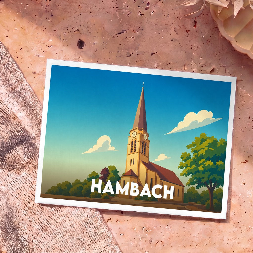 Carte postale souvenir de la ville de Hambach illustrant son église dans un style graphique épuré.