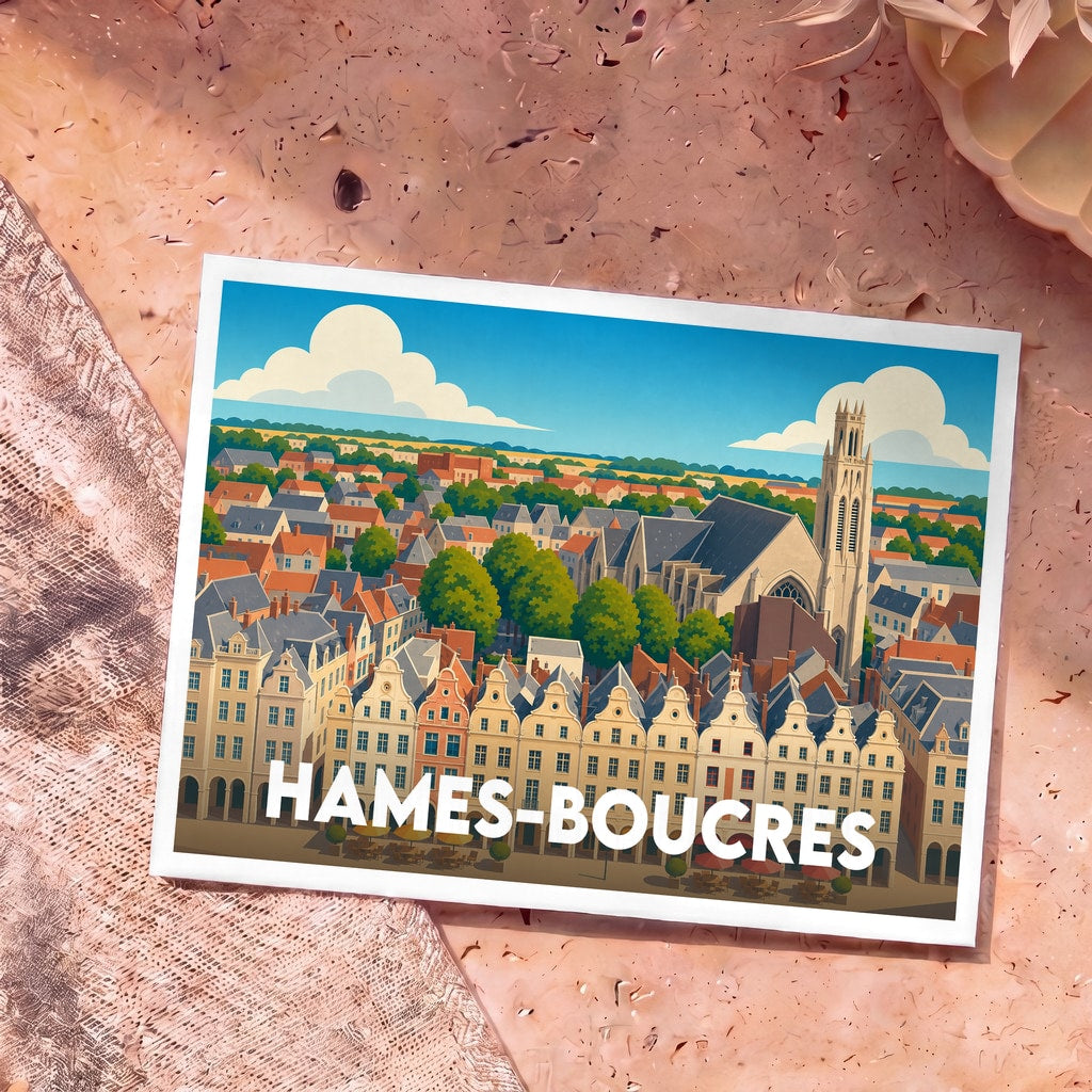 Carte postale souvenir de la ville de Hames-Boucres avec une illustration stylisée.
